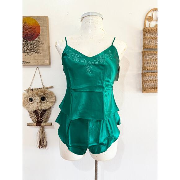 80s NOS Emerald Green Silky Cami Sleep Set size medium - Picture 1 of 14